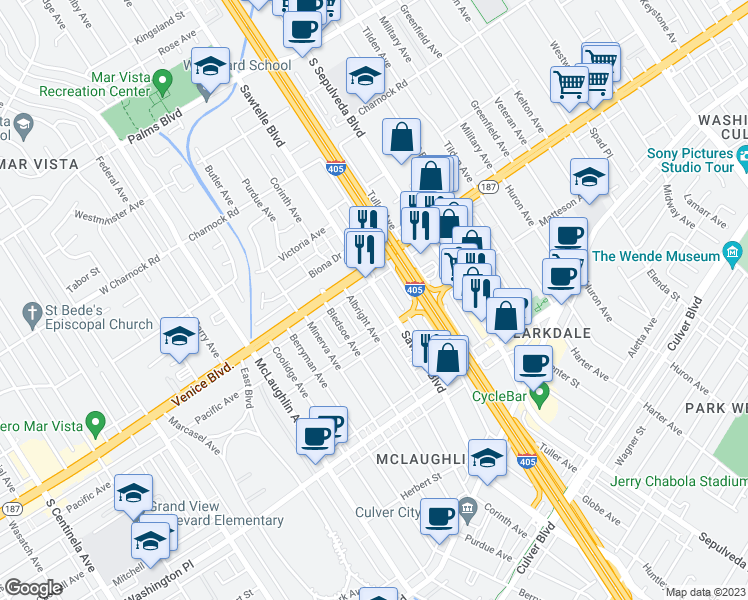map of restaurants, bars, coffee shops, grocery stores, and more near 3814 Sawtelle Boulevard in Los Angeles