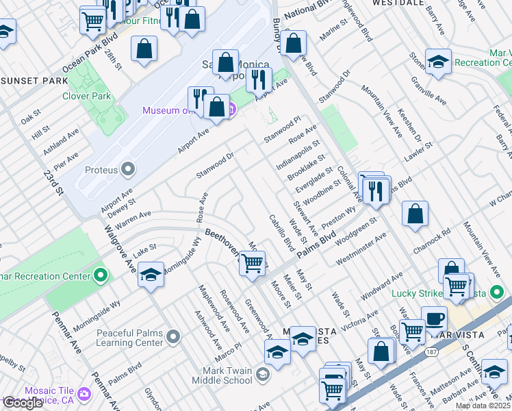 map of restaurants, bars, coffee shops, grocery stores, and more near 3350 Cabrillo Boulevard in Los Angeles
