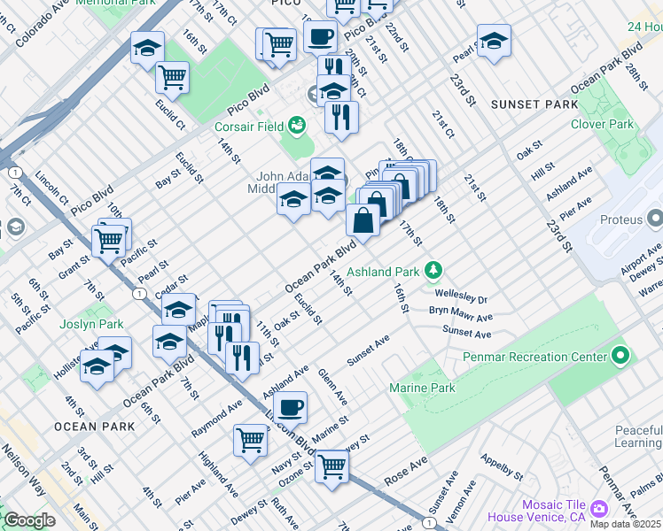 map of restaurants, bars, coffee shops, grocery stores, and more near 1417 Ocean Park Boulevard in Santa Monica