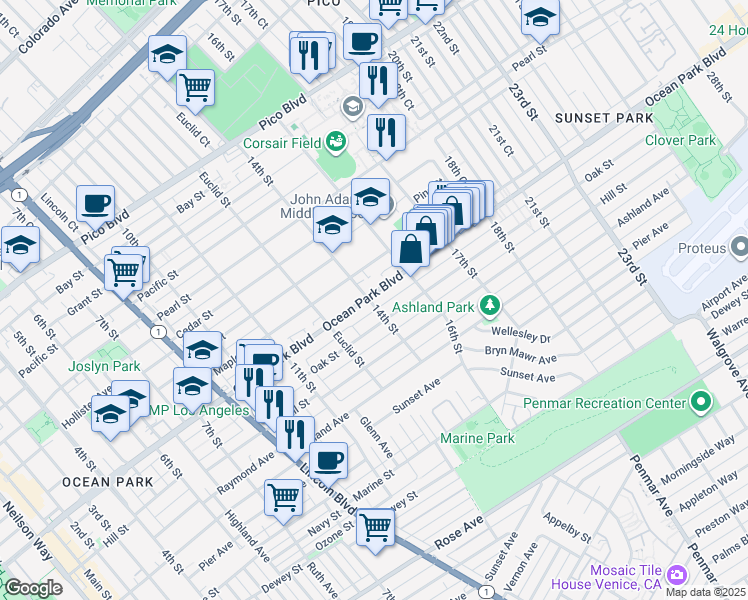 map of restaurants, bars, coffee shops, grocery stores, and more near 1417 Ocean Park Boulevard in Santa Monica