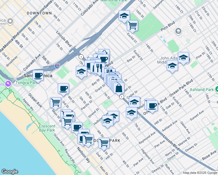 map of restaurants, bars, coffee shops, grocery stores, and more near 818 Grant Street in Santa Monica
