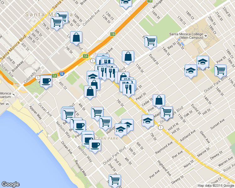 map of restaurants, bars, coffee shops, grocery stores, and more near 2018 California 1 in Santa Monica