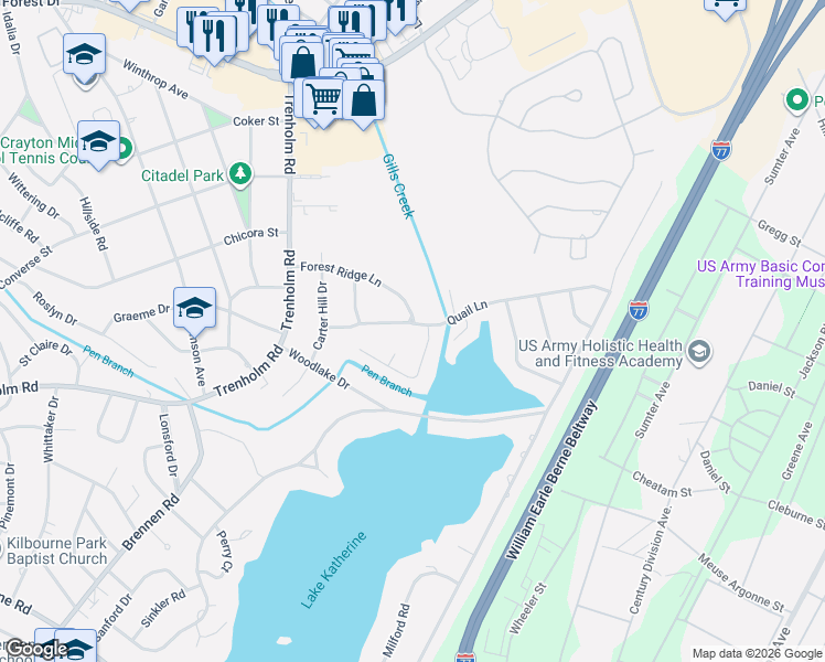 map of restaurants, bars, coffee shops, grocery stores, and more near 4873 Forest Ridge Lane in Columbia
