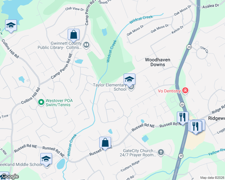 map of restaurants, bars, coffee shops, grocery stores, and more near 472 Saddlewood Drive in Lawrenceville