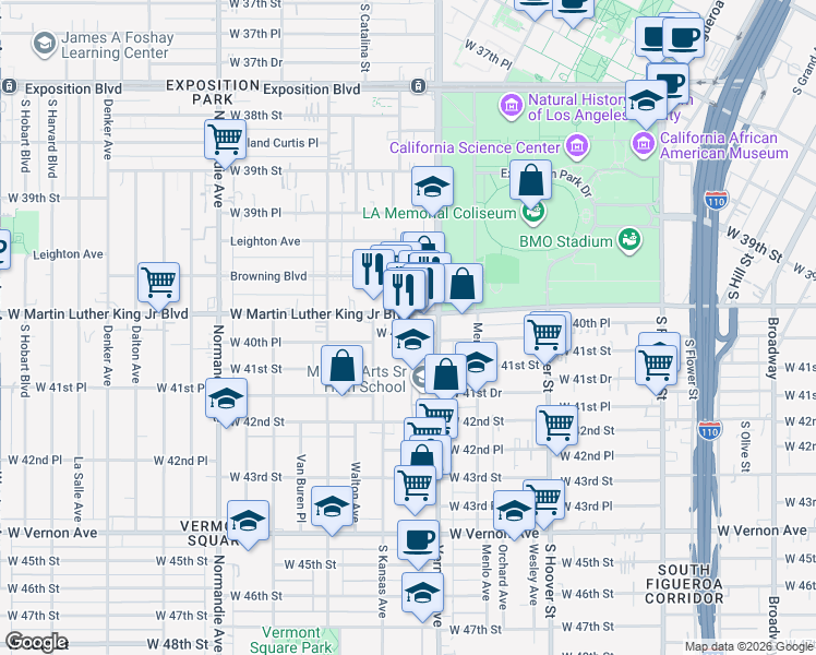 map of restaurants, bars, coffee shops, grocery stores, and more near 1049 West Martin Luther King Junior Boulevard in Los Angeles