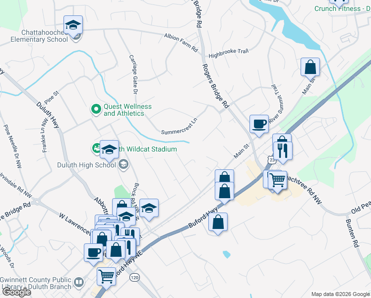 map of restaurants, bars, coffee shops, grocery stores, and more near 2806 Summercrest Lane in Duluth