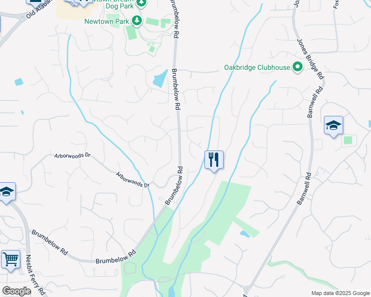 map of restaurants, bars, coffee shops, grocery stores, and more near 725 Eider Down Court in Alpharetta