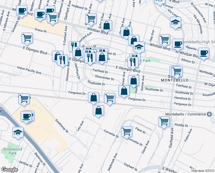 map of restaurants, bars, coffee shops, grocery stores, and more near 6116 Southside Drive in East Los Angeles