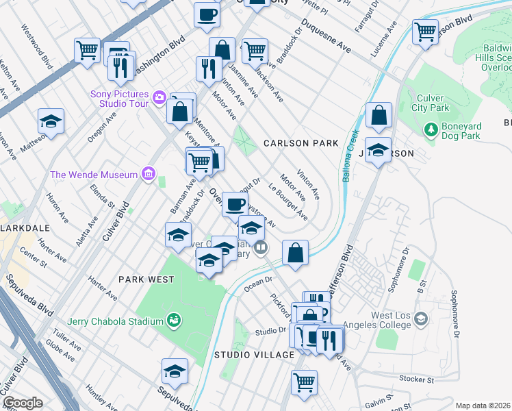 map of restaurants, bars, coffee shops, grocery stores, and more near 4336 Mentone Avenue in Culver City