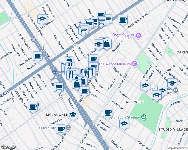 map of restaurants, bars, coffee shops, grocery stores, and more near 3977 Huron Avenue in Culver City