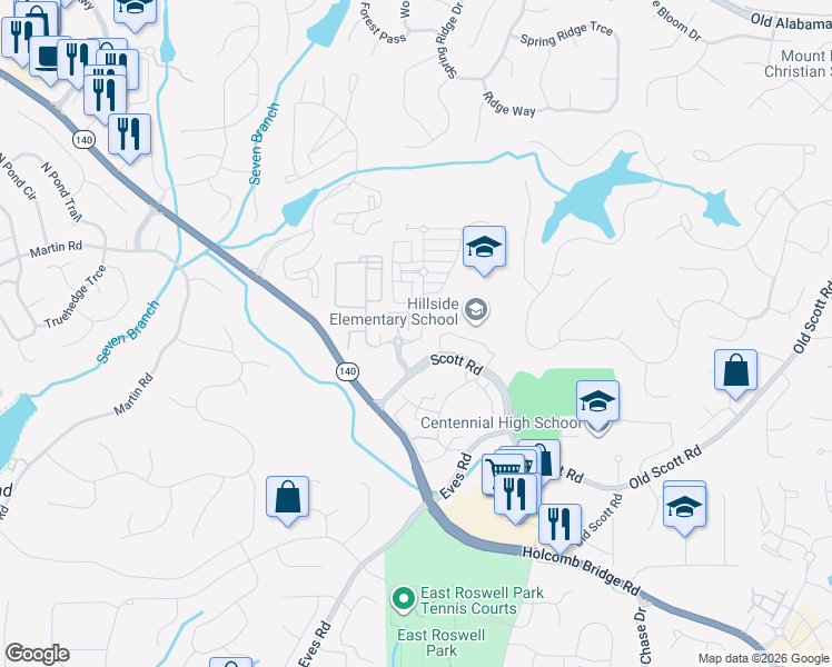 map of restaurants, bars, coffee shops, grocery stores, and more near 115 Centennial Trce in Roswell