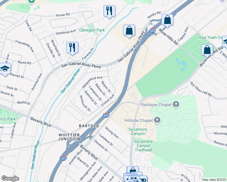 map of restaurants, bars, coffee shops, grocery stores, and more near 9984 Springland Drive in Whittier