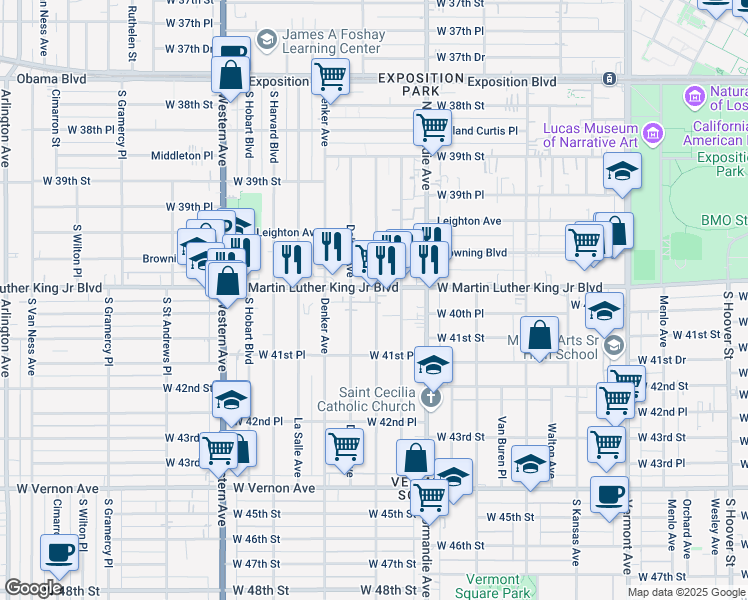 map of restaurants, bars, coffee shops, grocery stores, and more near 1451 West Martin Luther King Junior Boulevard in Los Angeles