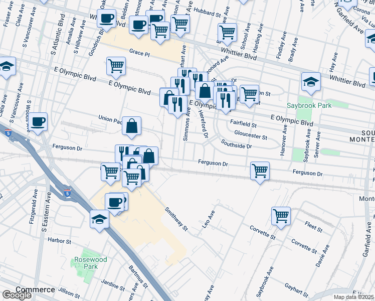 map of restaurants, bars, coffee shops, grocery stores, and more near 1424 South Gerhart Avenue in Commerce