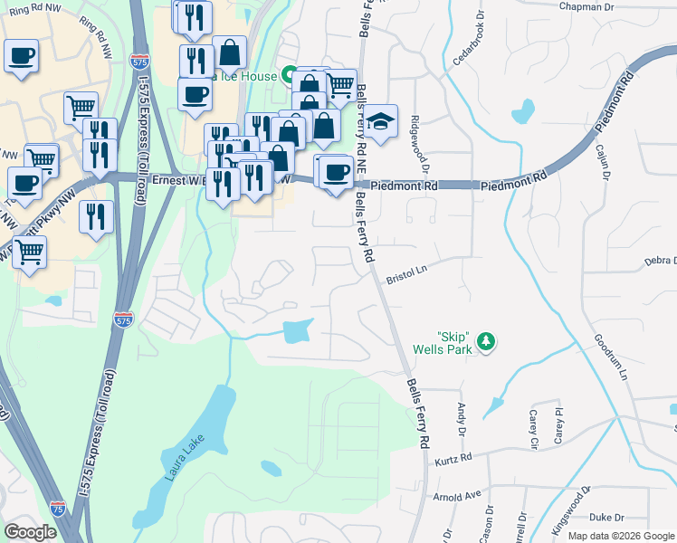 map of restaurants, bars, coffee shops, grocery stores, and more near 65 Lakebrooke Lane in Marietta