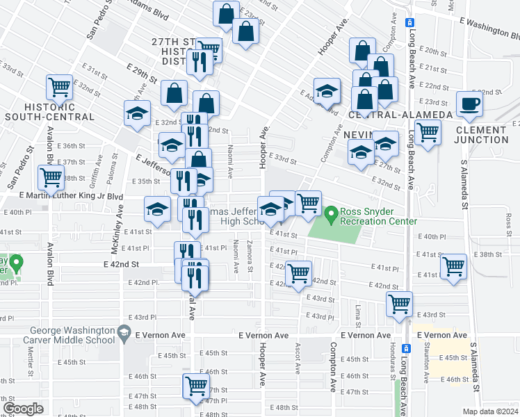 map of restaurants, bars, coffee shops, grocery stores, and more near 1291 East 40th Place in Los Angeles