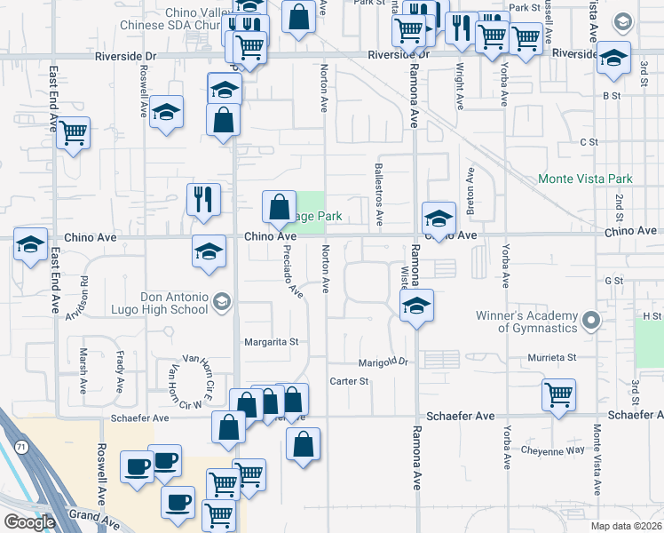 map of restaurants, bars, coffee shops, grocery stores, and more near 13323 Norton Avenue in Chino