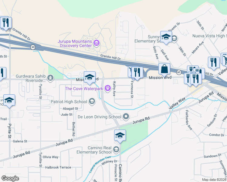 map of restaurants, bars, coffee shops, grocery stores, and more near 4279 Kathy Avenue in Riverside