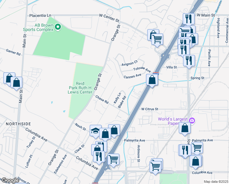 map of restaurants, bars, coffee shops, grocery stores, and more near 730 Forest Park Drive in Riverside