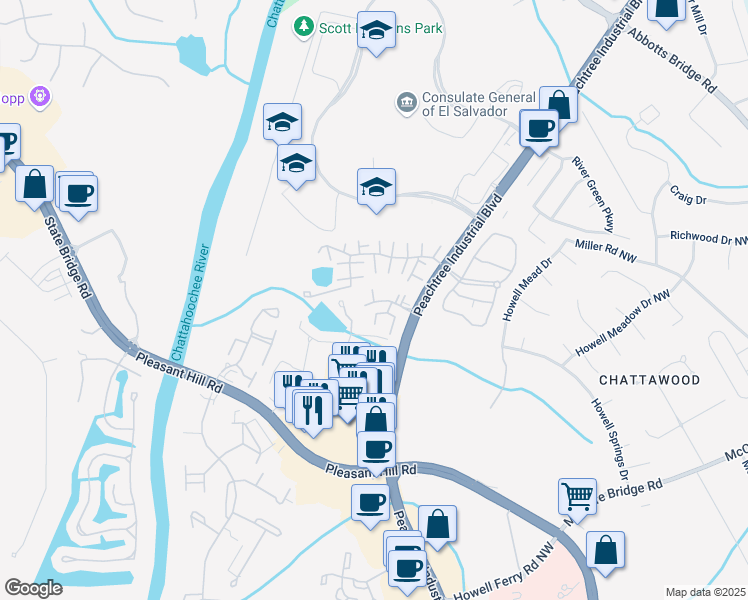 map of restaurants, bars, coffee shops, grocery stores, and more near 705 Beaufort Circle in Duluth