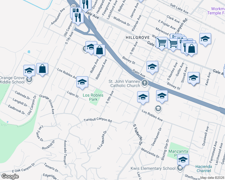 map of restaurants, bars, coffee shops, grocery stores, and more near 1425 South 9th Avenue in Hacienda Heights