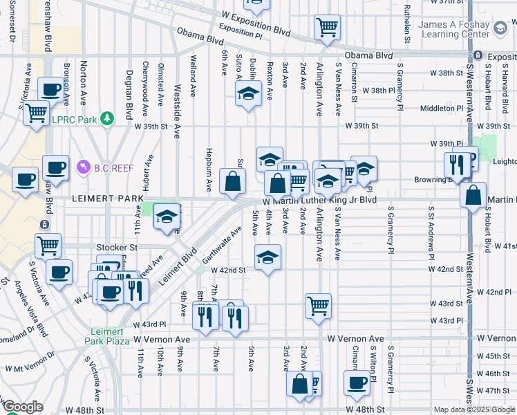 map of restaurants, bars, coffee shops, grocery stores, and more near 2601 West Martin Luther King Junior Boulevard in Los Angeles