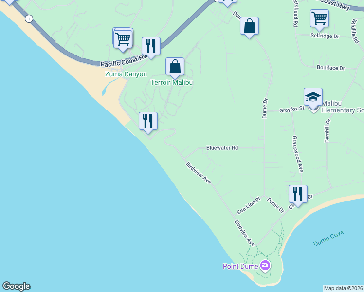 map of restaurants, bars, coffee shops, grocery stores, and more near 7012 Birdview Avenue in Malibu