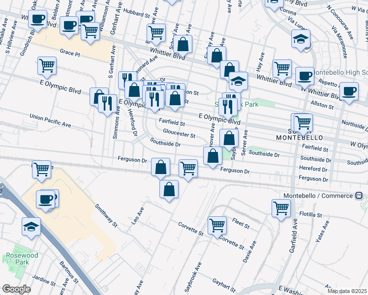 map of restaurants, bars, coffee shops, grocery stores, and more near 6116 Southside Drive in East Los Angeles