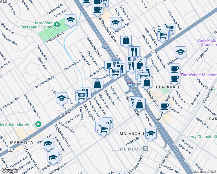 map of restaurants, bars, coffee shops, grocery stores, and more near 11314 California 187 in Los Angeles