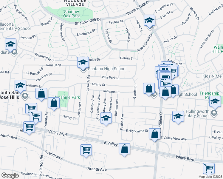 map of restaurants, bars, coffee shops, grocery stores, and more near 18721 Galleano Street in La Puente