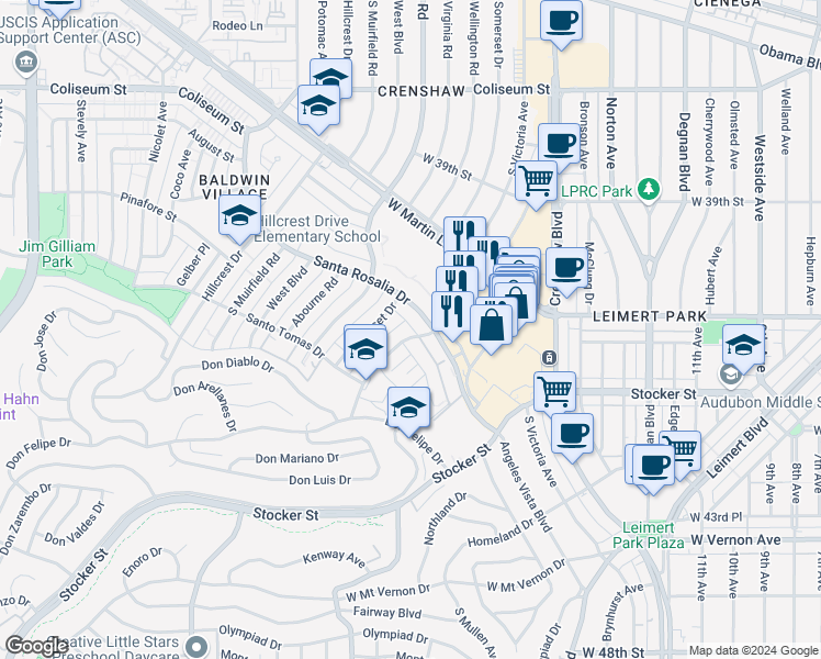 map of restaurants, bars, coffee shops, grocery stores, and more near 4119 Marlton Avenue in Los Angeles