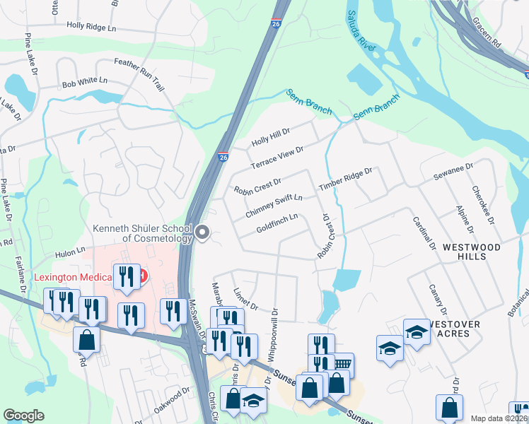 map of restaurants, bars, coffee shops, grocery stores, and more near 1737 Chimney Swift Lane in West Columbia