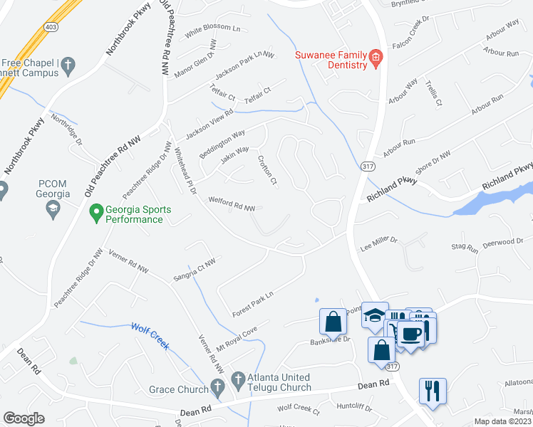 map of restaurants, bars, coffee shops, grocery stores, and more near 610 Welford Road Northwest in Suwanee