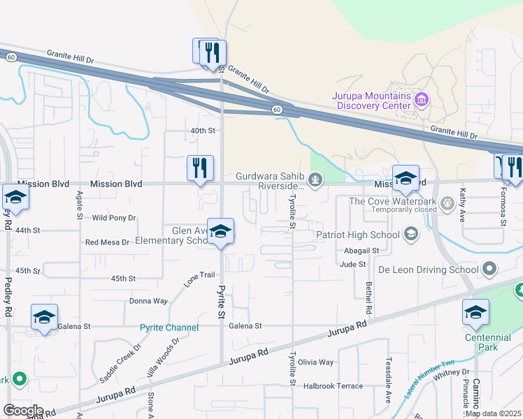 map of restaurants, bars, coffee shops, grocery stores, and more near 8086 Mission Boulevard in Riverside