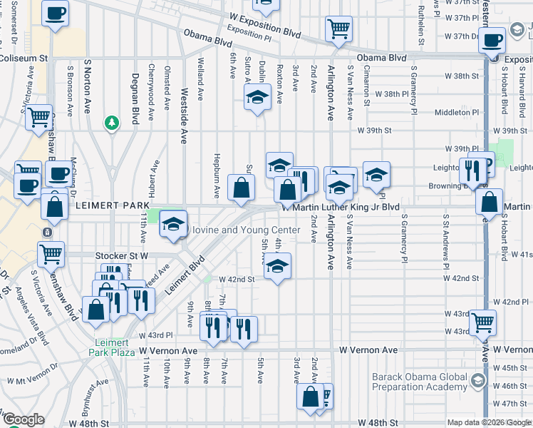 map of restaurants, bars, coffee shops, grocery stores, and more near 2618 W Martin Luther King Jr Blvd in Los Angeles