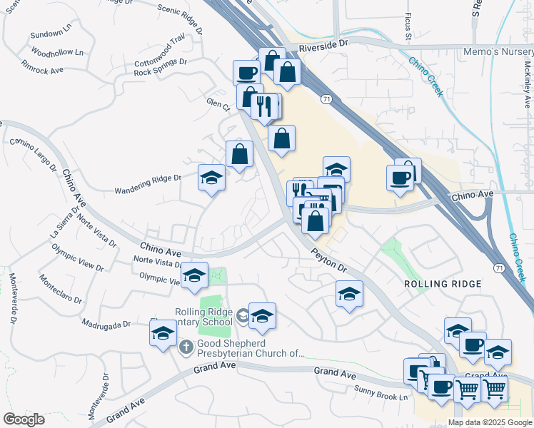 map of restaurants, bars, coffee shops, grocery stores, and more near 13360 Cardinal Ridge Road in Chino Hills