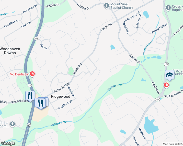 map of restaurants, bars, coffee shops, grocery stores, and more near 1481 Park Knoll Trail Northeast in Lawrenceville