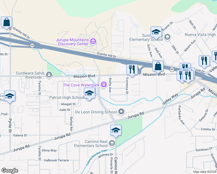 map of restaurants, bars, coffee shops, grocery stores, and more near 4279 Kathy Avenue in Riverside