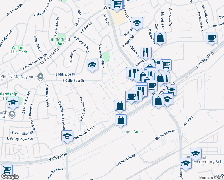 map of restaurants, bars, coffee shops, grocery stores, and more near Oakridge Court in Walnut