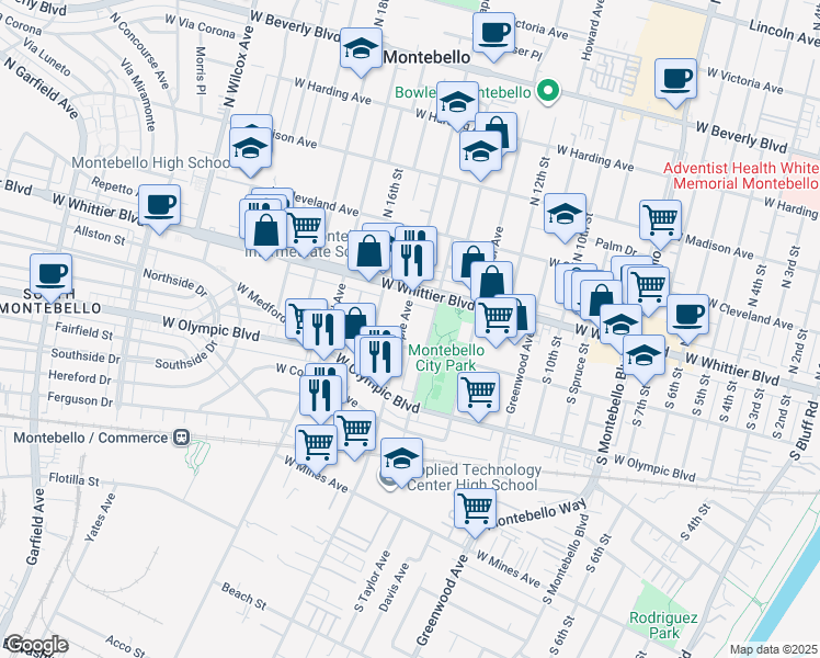 map of restaurants, bars, coffee shops, grocery stores, and more near 117 South Park Avenue in Montebello