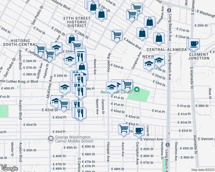 map of restaurants, bars, coffee shops, grocery stores, and more near 1280 East Martin Luther King Junior Boulevard in Los Angeles