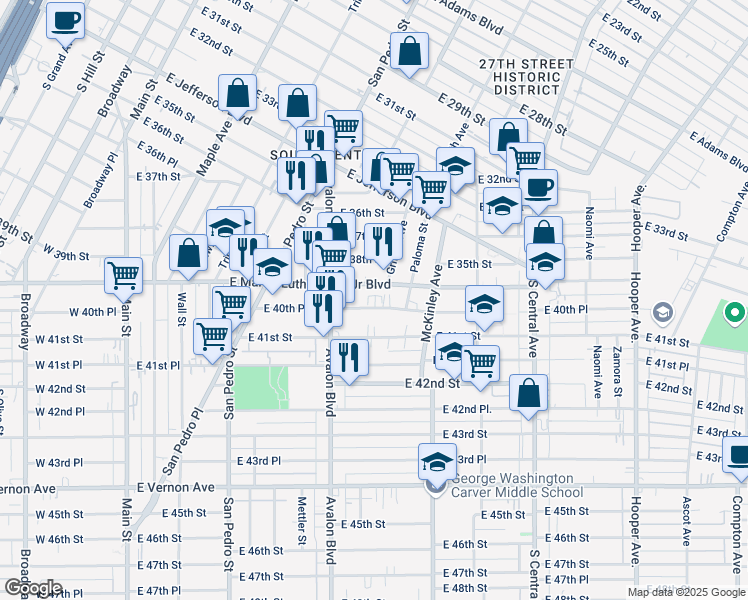 map of restaurants, bars, coffee shops, grocery stores, and more near 700 East Martin Luther King Junior Boulevard in Los Angeles