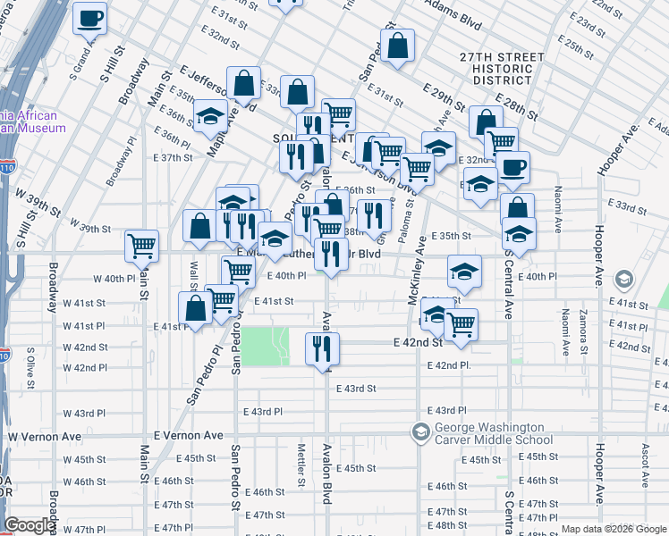 map of restaurants, bars, coffee shops, grocery stores, and more near 4002 South Avalon Boulevard in Los Angeles