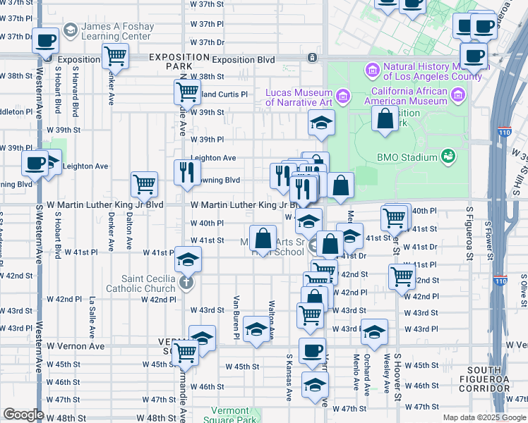 map of restaurants, bars, coffee shops, grocery stores, and more near 3997 South Budlong Avenue in Los Angeles