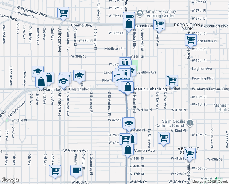 map of restaurants, bars, coffee shops, grocery stores, and more near 1755 West Martin Luther King Junior Boulevard in Los Angeles