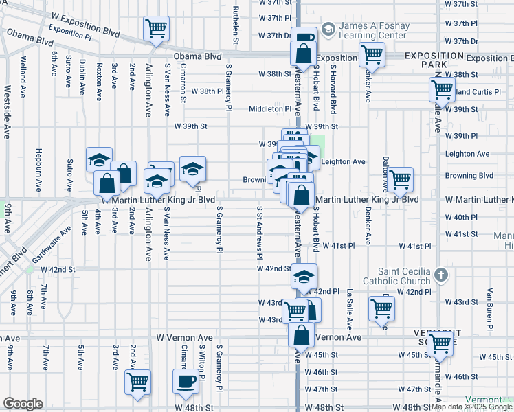map of restaurants, bars, coffee shops, grocery stores, and more near 1755 West Martin Luther King Junior Boulevard in Los Angeles