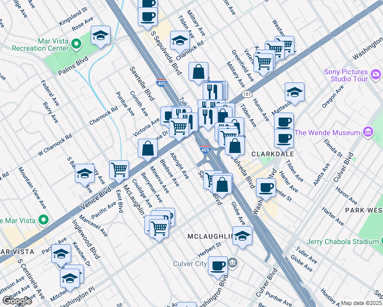map of restaurants, bars, coffee shops, grocery stores, and more near 3814 Sawtelle Boulevard in Los Angeles