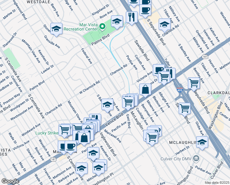map of restaurants, bars, coffee shops, grocery stores, and more near 3652 McLaughlin Avenue in Los Angeles