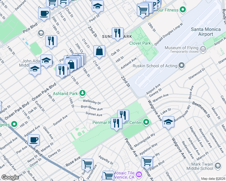 map of restaurants, bars, coffee shops, grocery stores, and more near 2030 Pier Avenue in Santa Monica