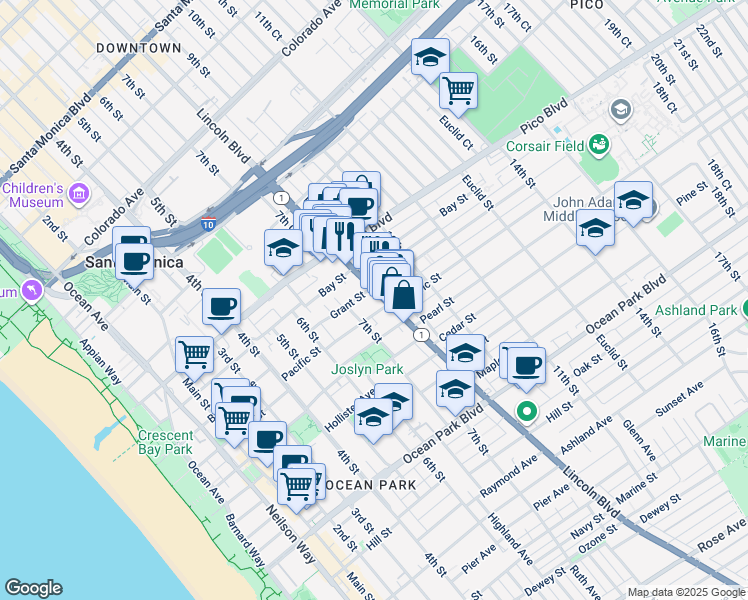map of restaurants, bars, coffee shops, grocery stores, and more near 2018 California 1 in Santa Monica